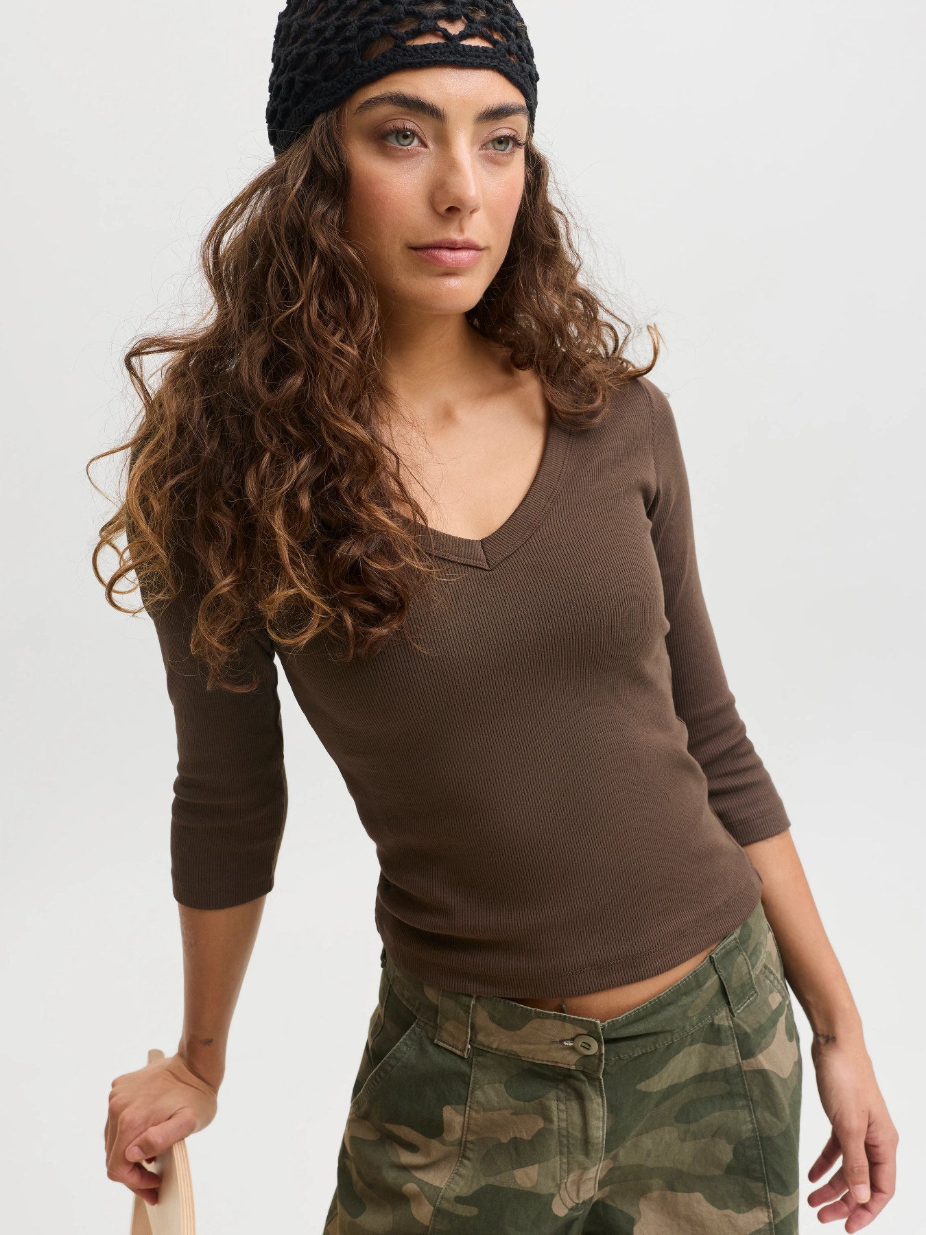 JJXX FIFI STR 3/4 V-NECK RIB TOP JRS Demitasse