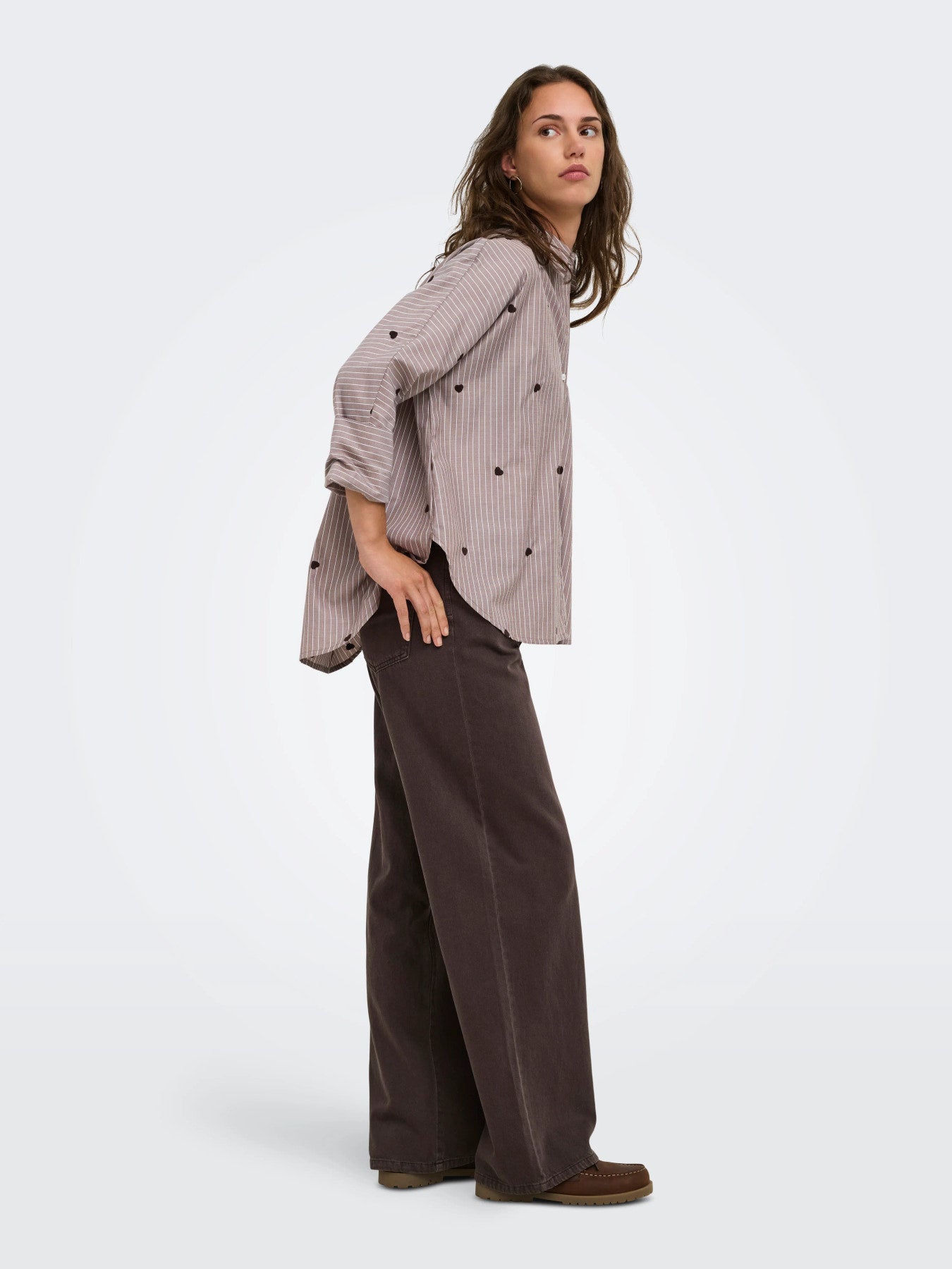 ONLY NEW LINA GRACE STR EMB SHIRT NOOS WVN Coffee Bean STRIPE W. COFFEE BEAN HEART EMB