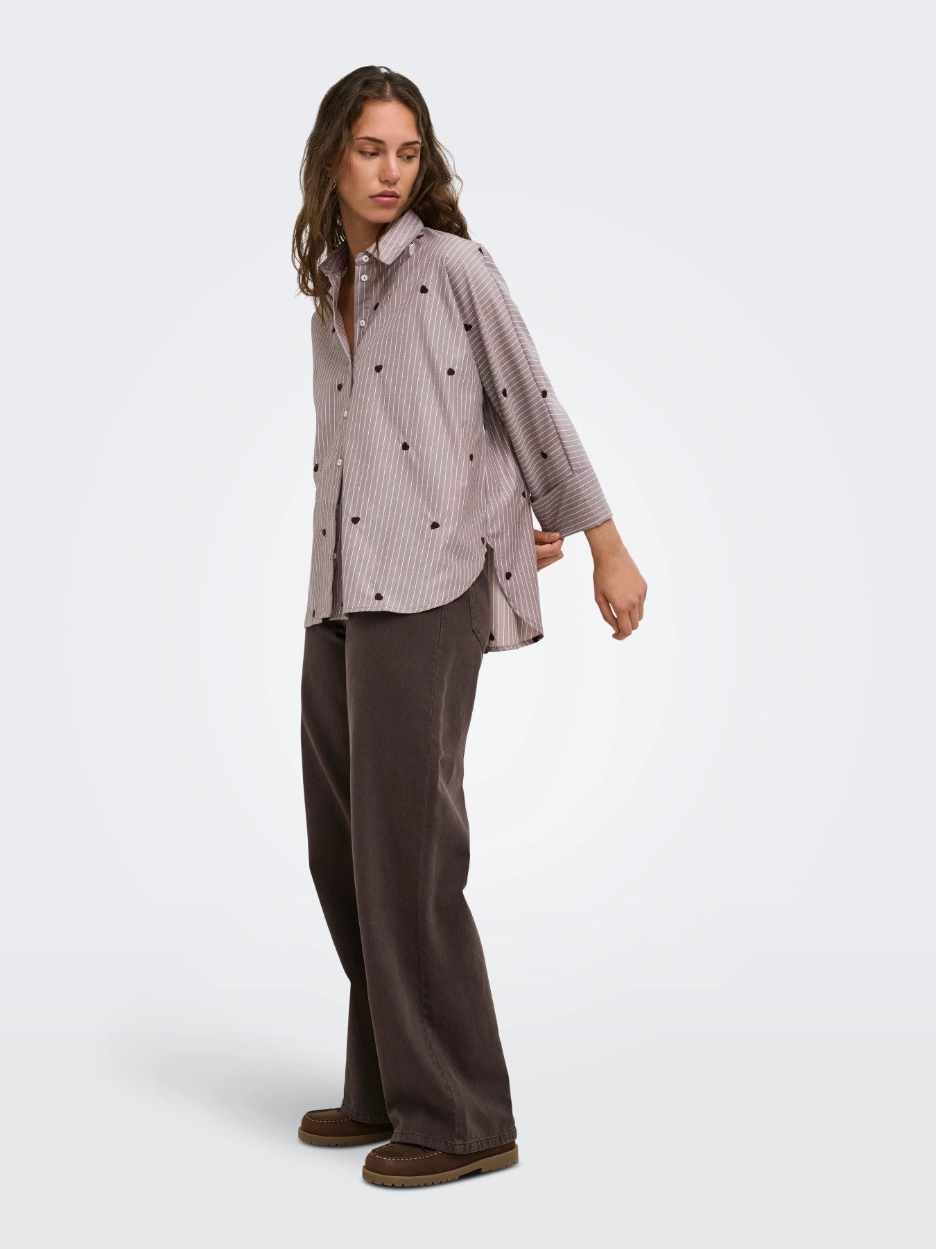 ONLY NEW LINA GRACE STR EMB SHIRT NOOS WVN Coffee Bean STRIPE W. COFFEE BEAN HEART EMB