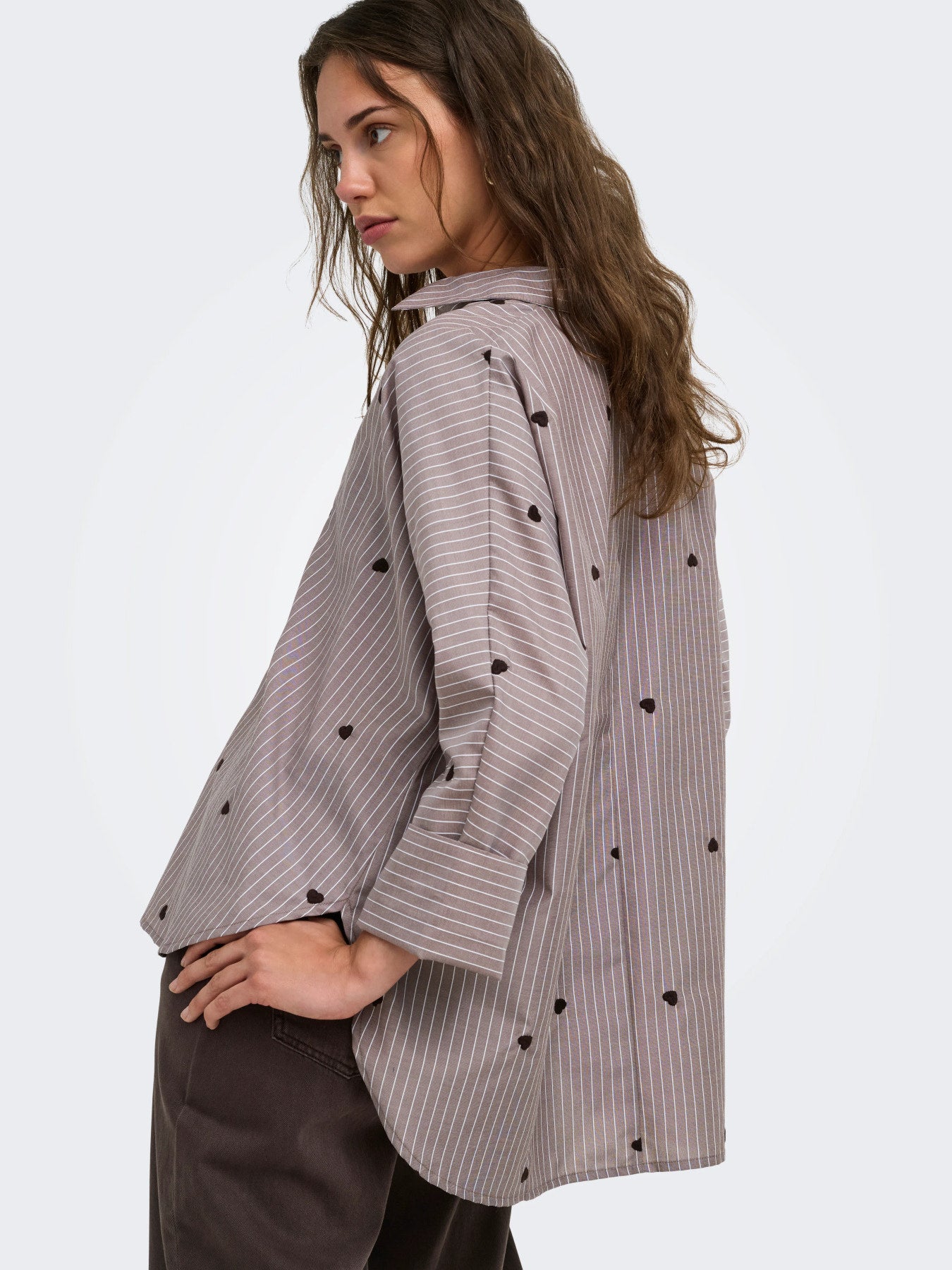 ONLY NEW LINA GRACE STR EMB SHIRT NOOS WVN Coffee Bean STRIPE W. COFFEE BEAN HEART EMB