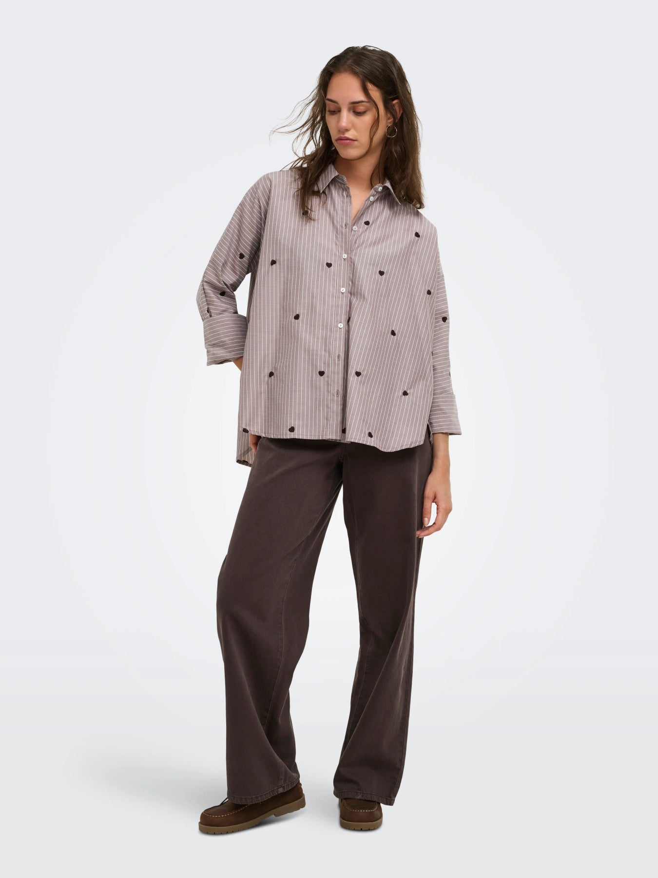 ONLY NEW LINA GRACE STR EMB SHIRT NOOS WVN Coffee Bean STRIPE W. COFFEE BEAN HEART EMB