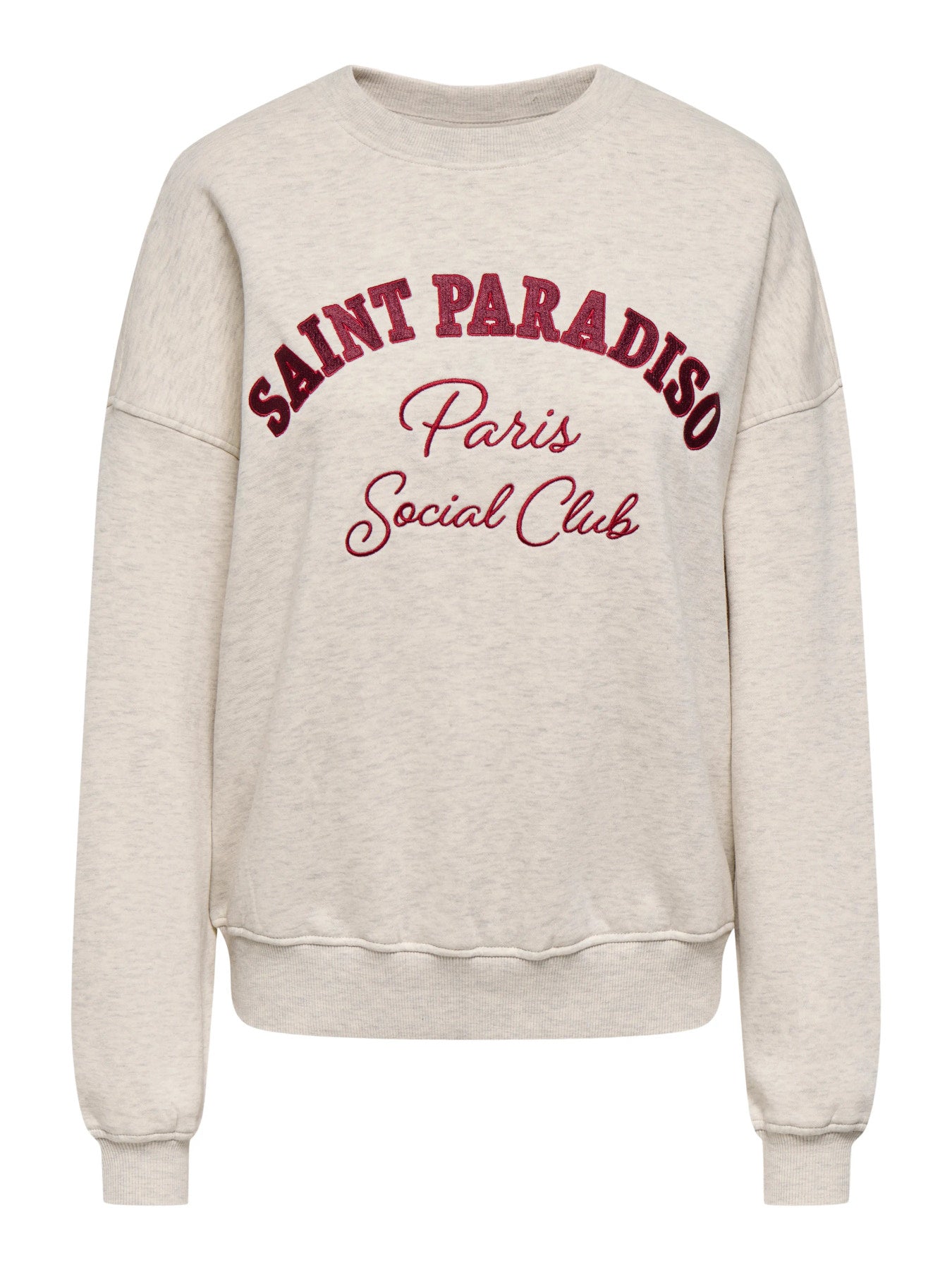 JDY MESA LIFE L/S O-NK EMB SWEAT JRS NOOS Oatmeal MELANGE/WIND WINE+TIB RED SAINT EMB