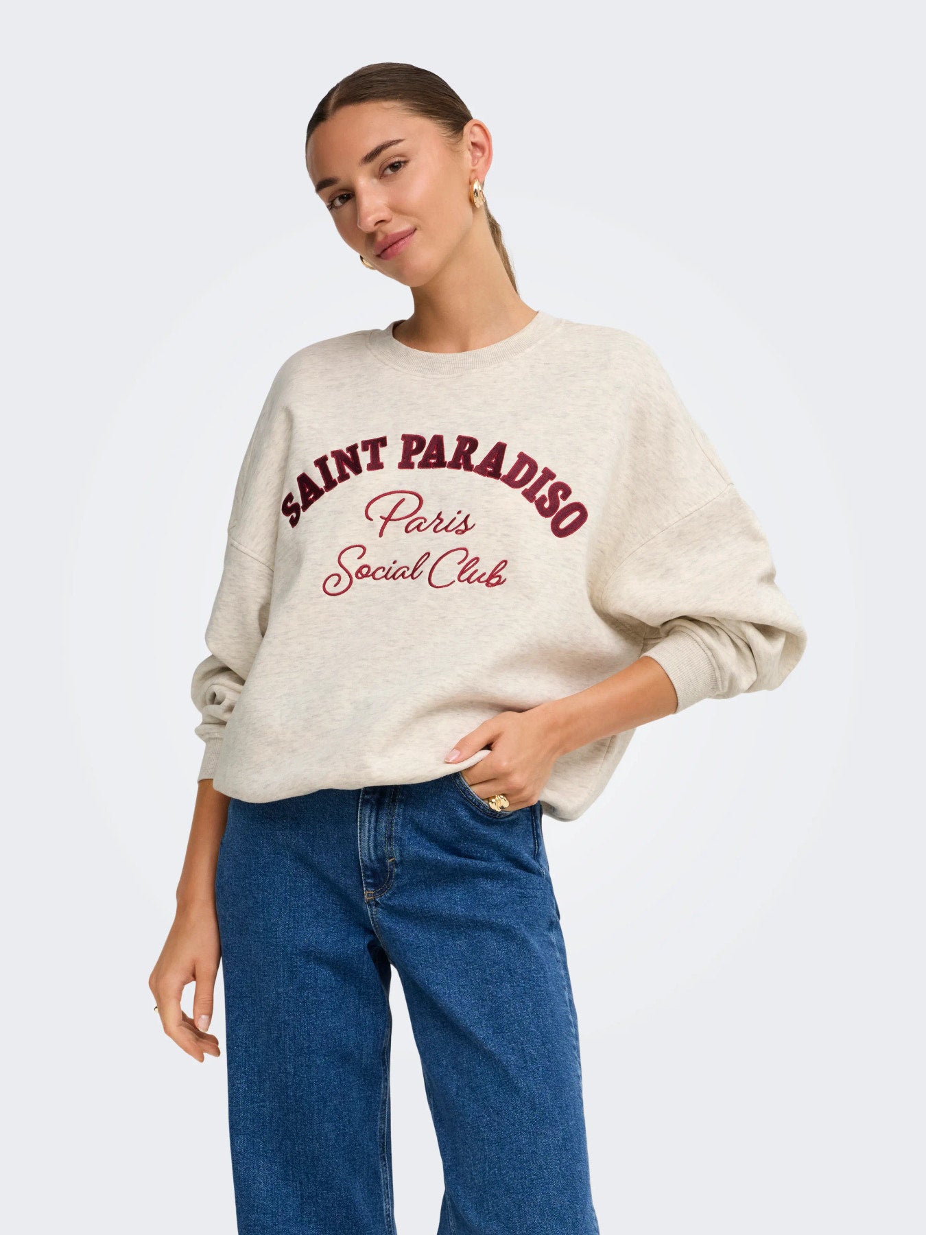JDY MESA LIFE L/S O-NK EMB SWEAT JRS NOOS Oatmeal MELANGE/WIND WINE+TIB RED SAINT EMB