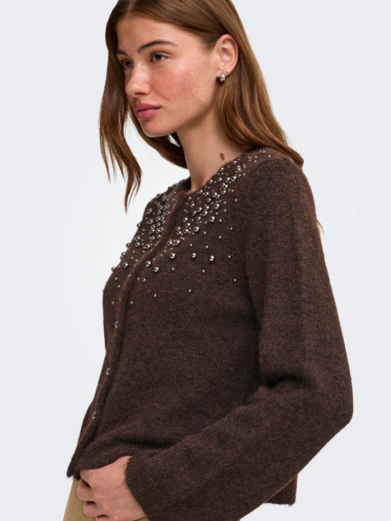 ONLY MIGGIE LS O-NECK PEARL CARDI KNT NOOS Coffee Bean Melange/Silver Metal Pearl