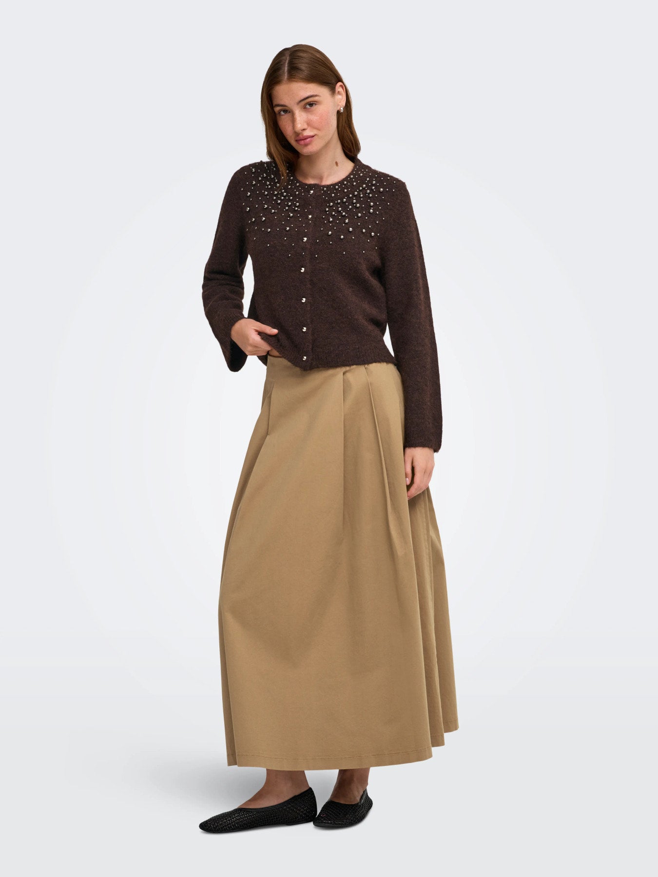 ONLY MIGGIE LS O-NECK PEARL CARDI KNT NOOS Coffee Bean Melange/Silver Metal Pearl