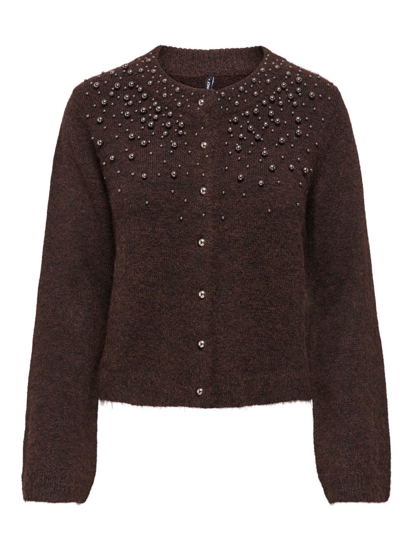 ONLY MIGGIE LS O-NECK PEARL CARDI KNT NOOS Coffee Bean Melange/Silver Metal Pearl