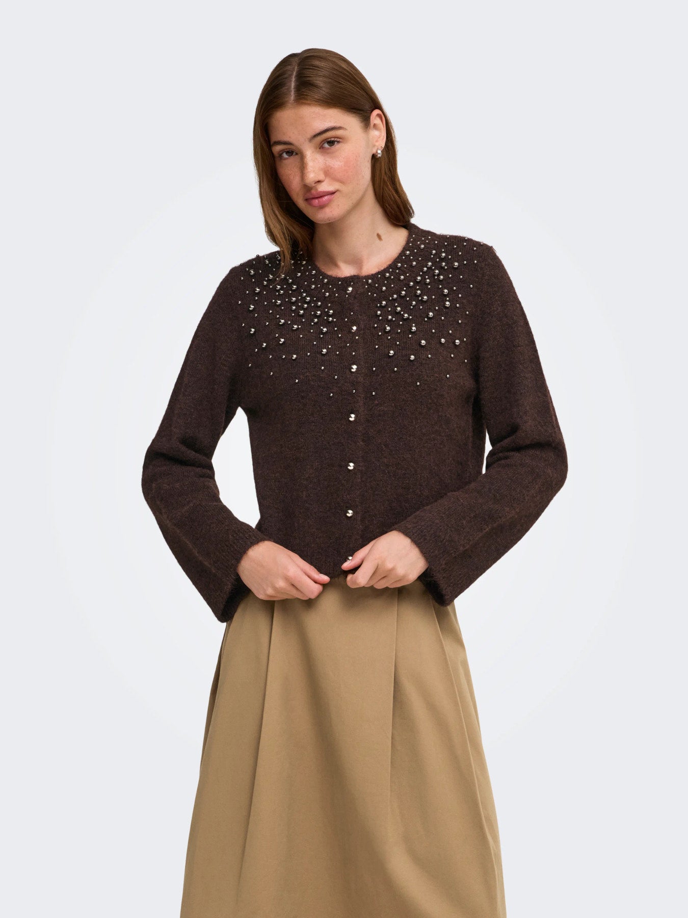 ONLY MIGGIE LS O-NECK PEARL CARDI KNT NOOS Coffee Bean Melange/Silver Metal Pearl