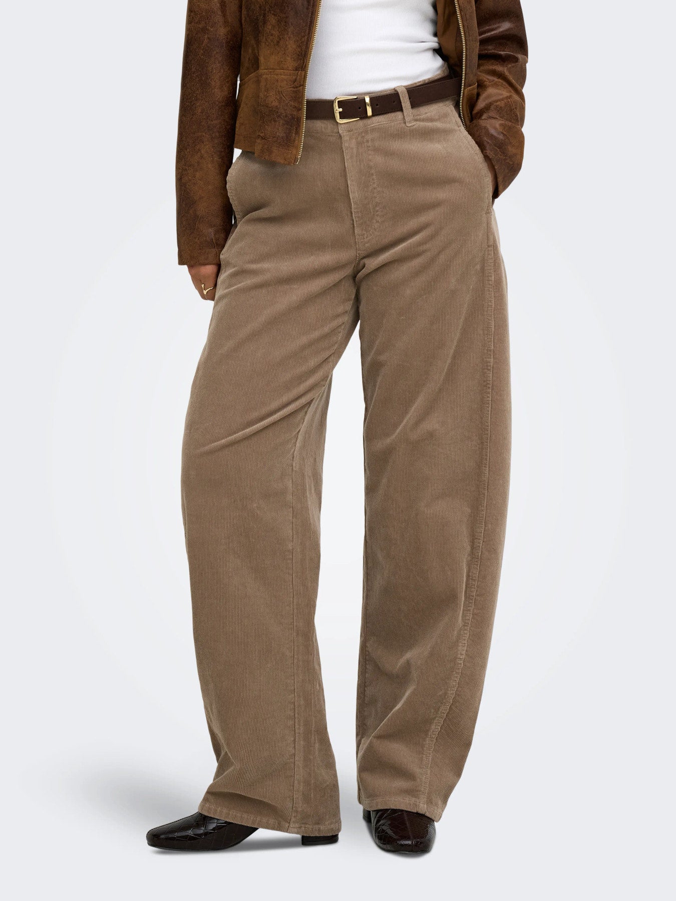ONLY CLAIR-FLORA MW CORD BARREL PANT PNT Taupe Gray "32"