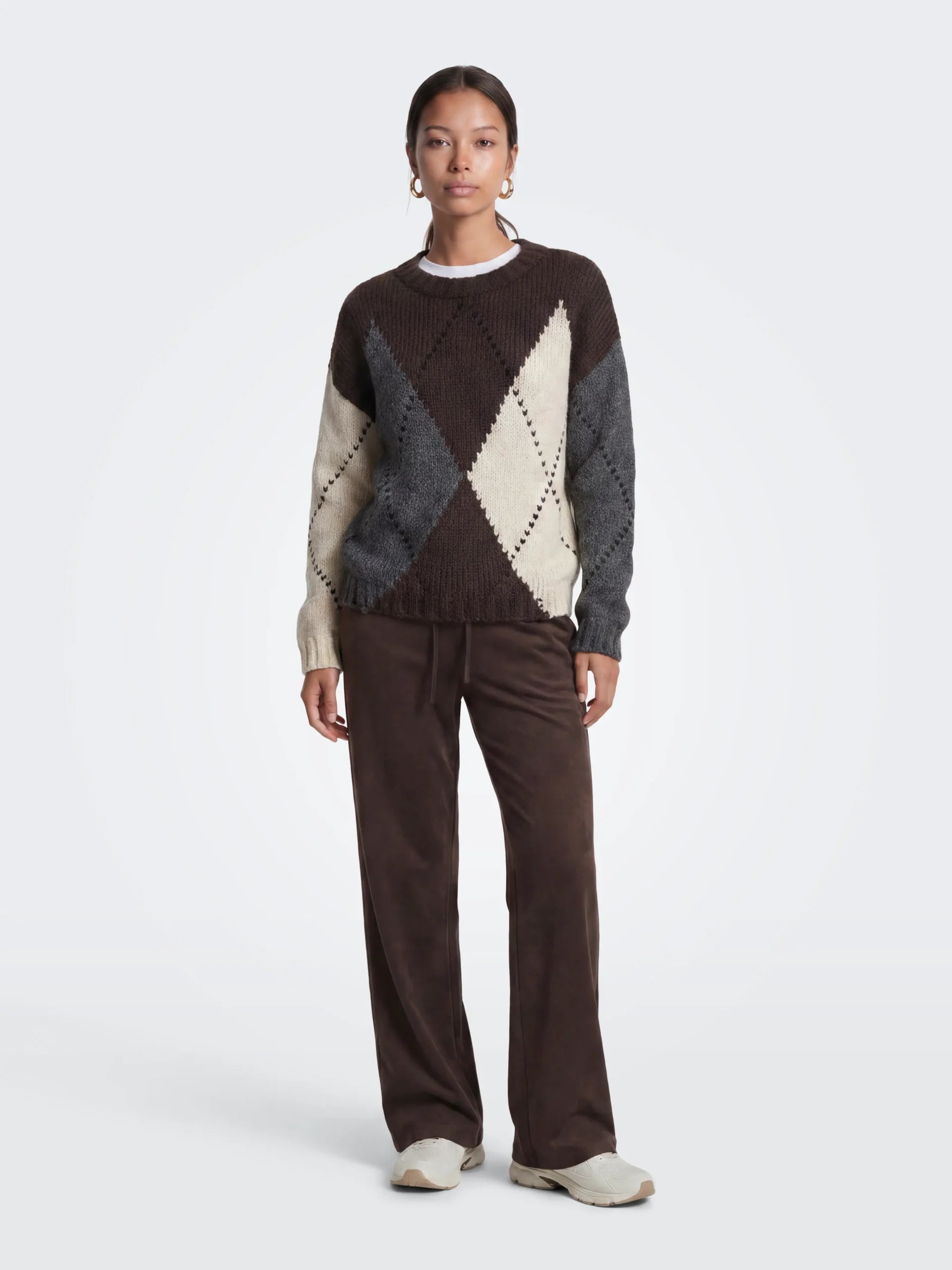 ONLY COZY LS ARGYLE O-NECK KNT Coffee Bean Argyle/Birch/DGM/Black