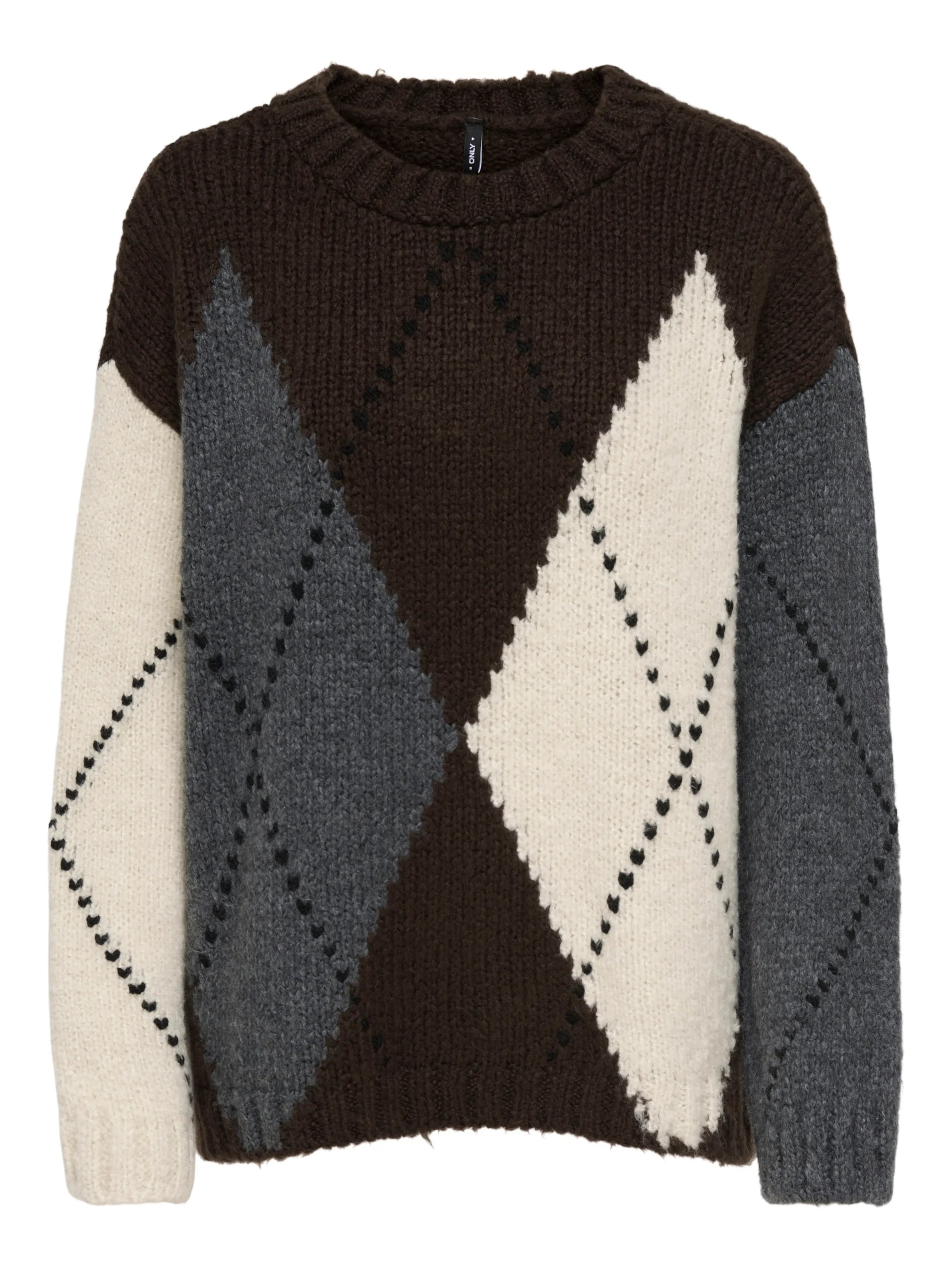 ONLY COZY LS ARGYLE O-NECK KNT Coffee Bean Argyle/Birch/DGM/Black