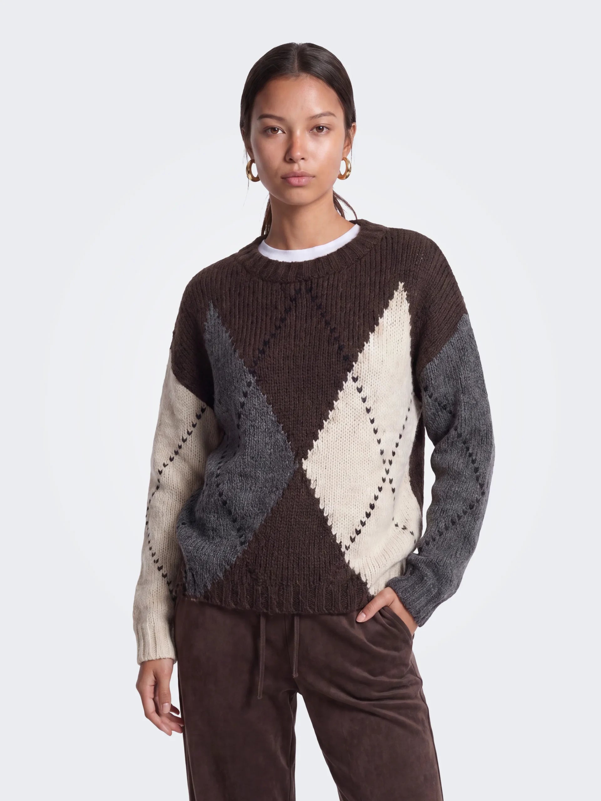 ONLY COZY LS ARGYLE O-NECK KNT Coffee Bean Argyle/Birch/DGM/Black