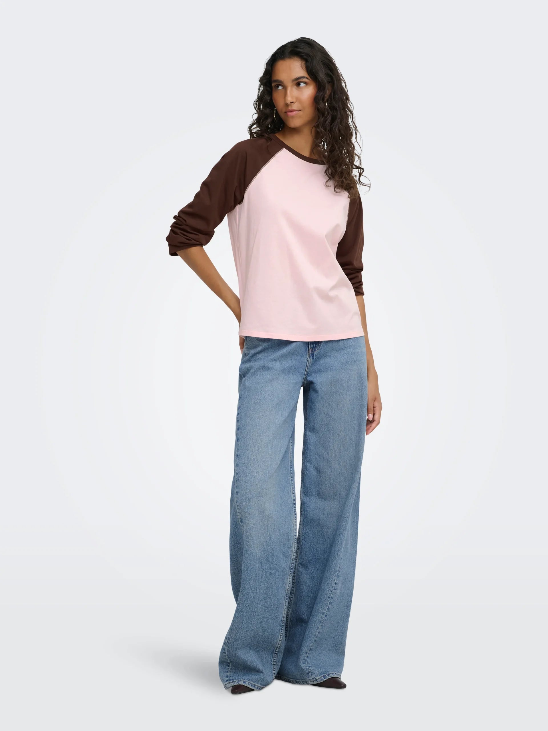 JDY JEANETT L/S RAGLAN CONTRAST TOP JRS Chalk Pink COFFEE BEAN CONTRAST