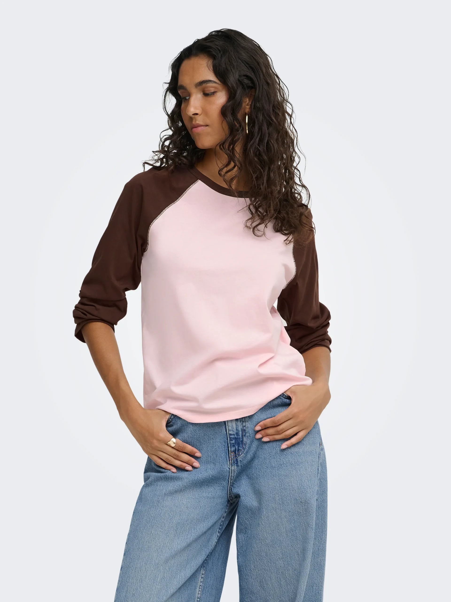 JDY JEANETT L/S RAGLAN CONTRAST TOP JRS Chalk Pink COFFEE BEAN CONTRAST