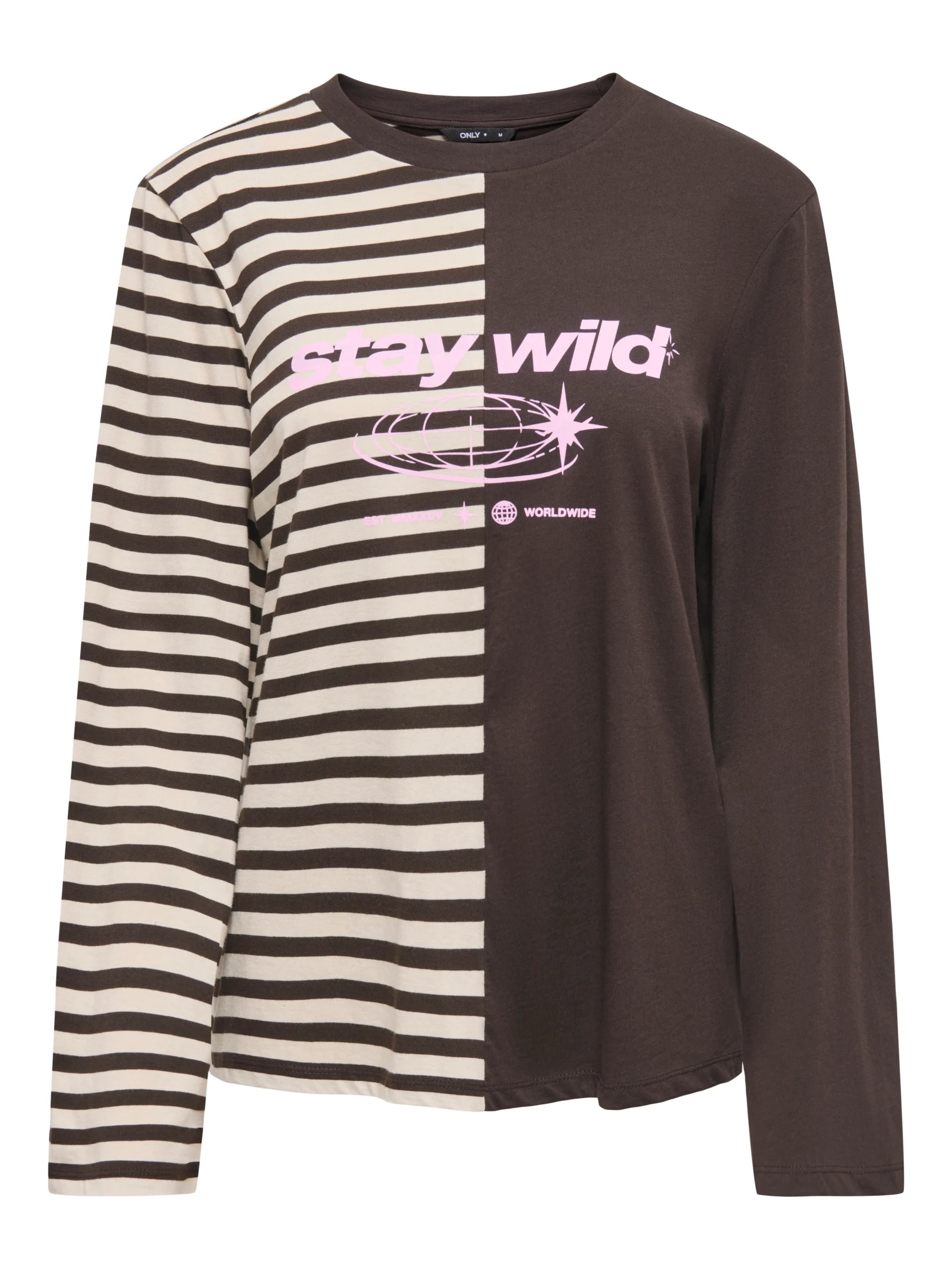 ONLY AVA L/S HALF STRIPED T-SHIRT JRS Black Coffee BIRCH STRIPES/ LIGHT PINK TEXT