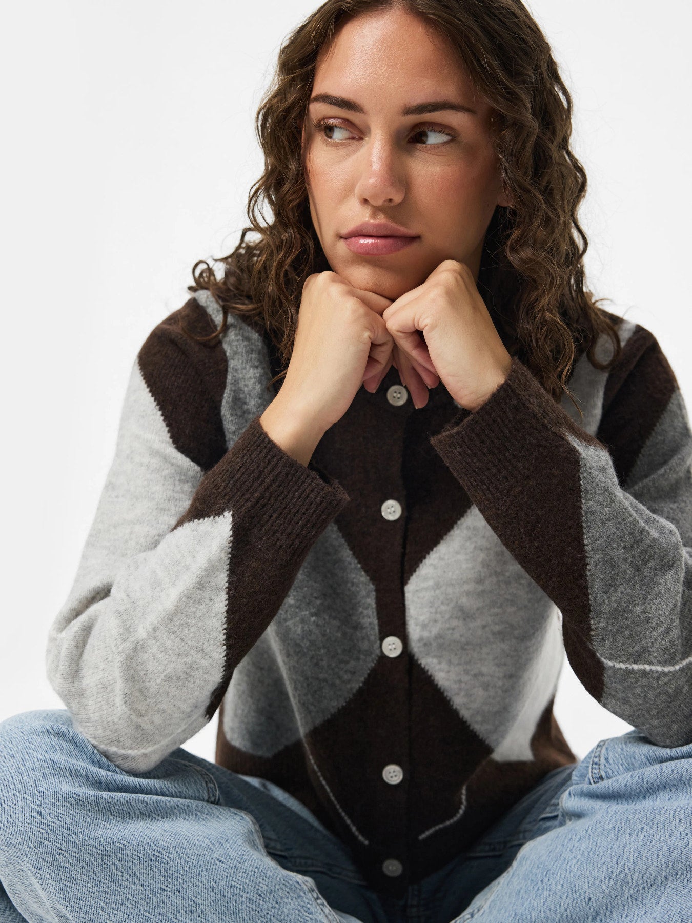 PIECES SALLY LS KNIT CHECK CARDIGAN BC Maritime Blue BIRCH/CASHMERE BLUE
