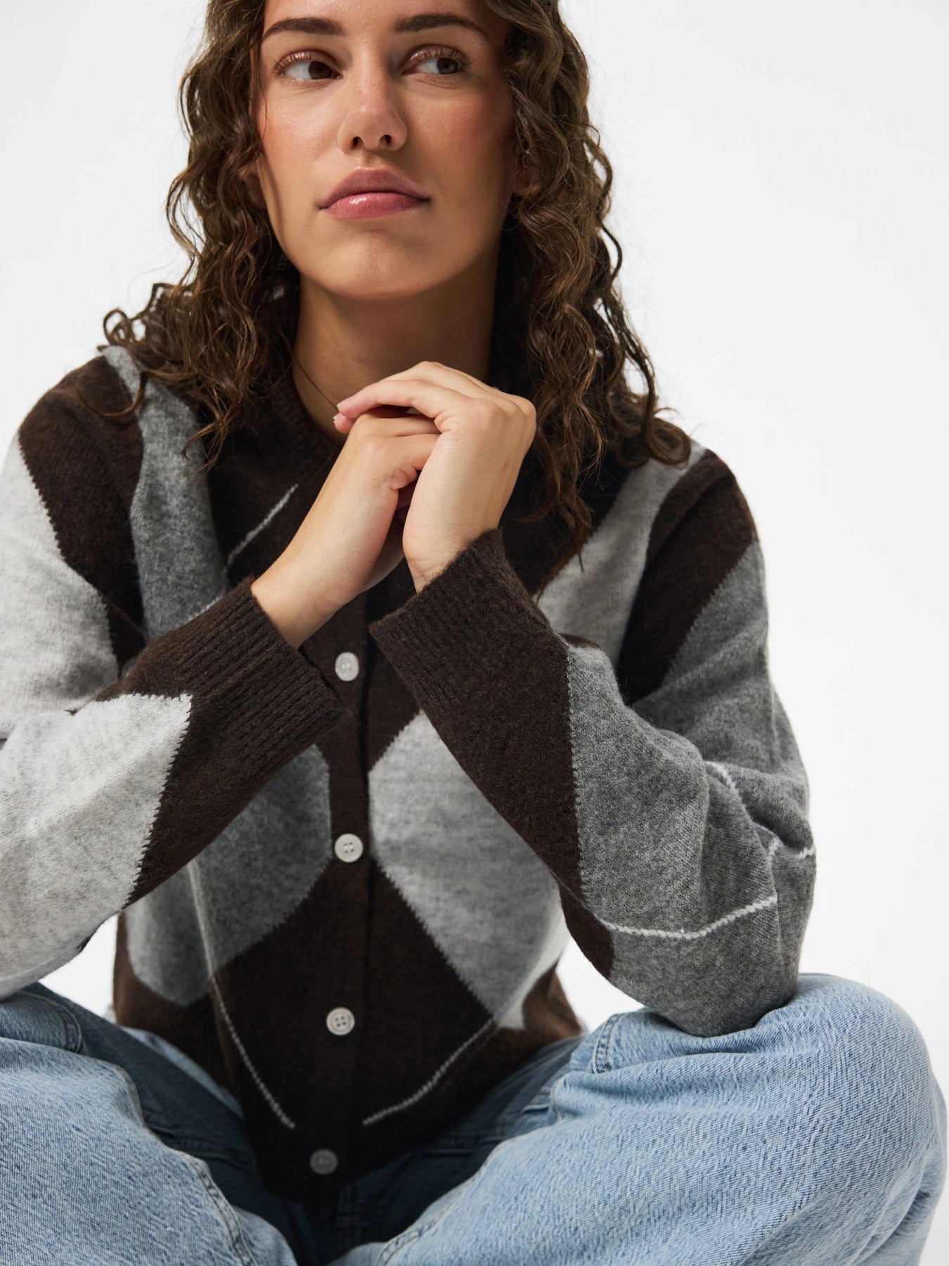 PIECES SALLY LS KNIT CHECK CARDIGAN BC Maritime Blue BIRCH/CASHMERE BLUE