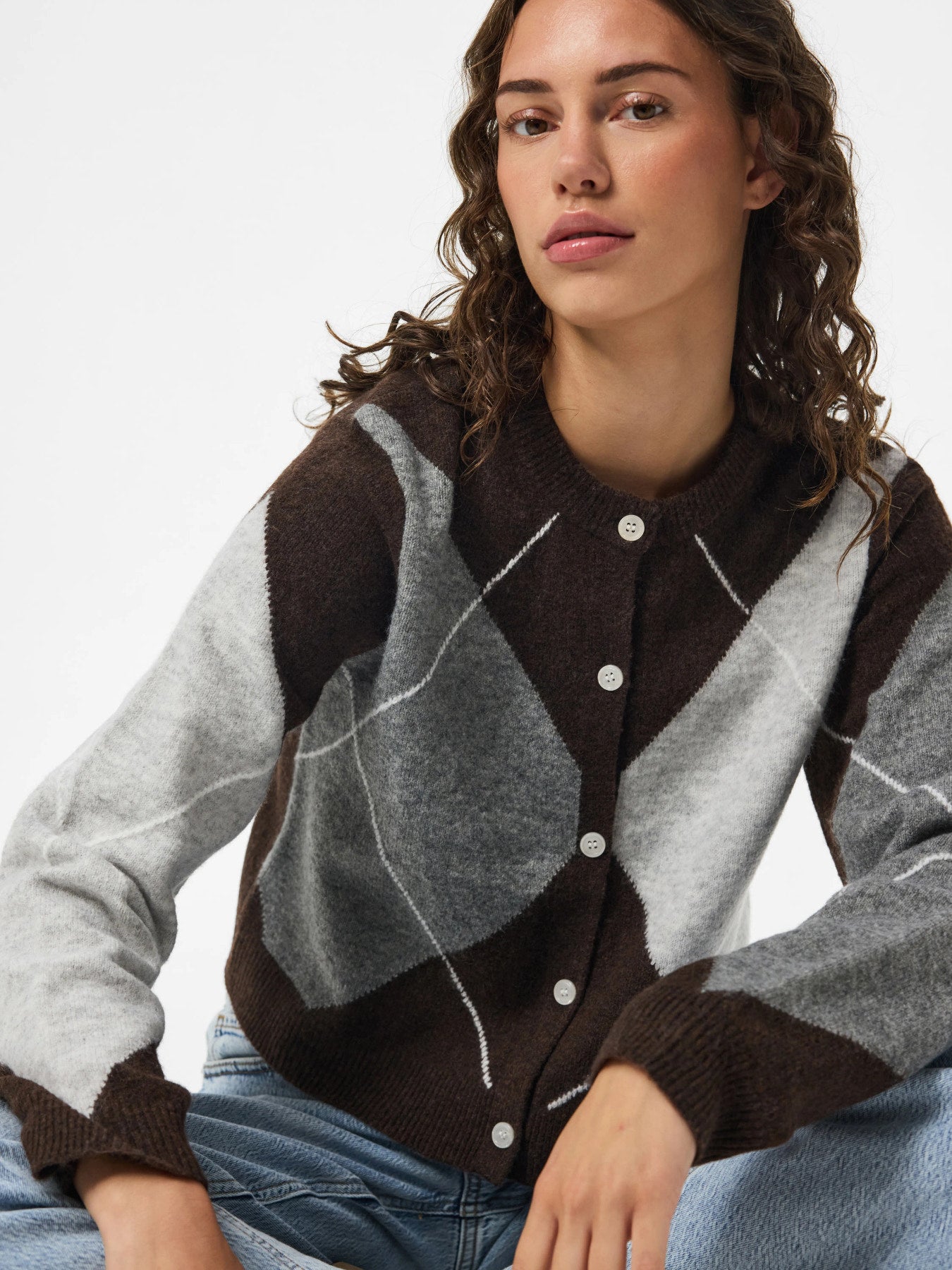 PIECES SALLY LS KNIT CHECK CARDIGAN BC Maritime Blue BIRCH/CASHMERE BLUE