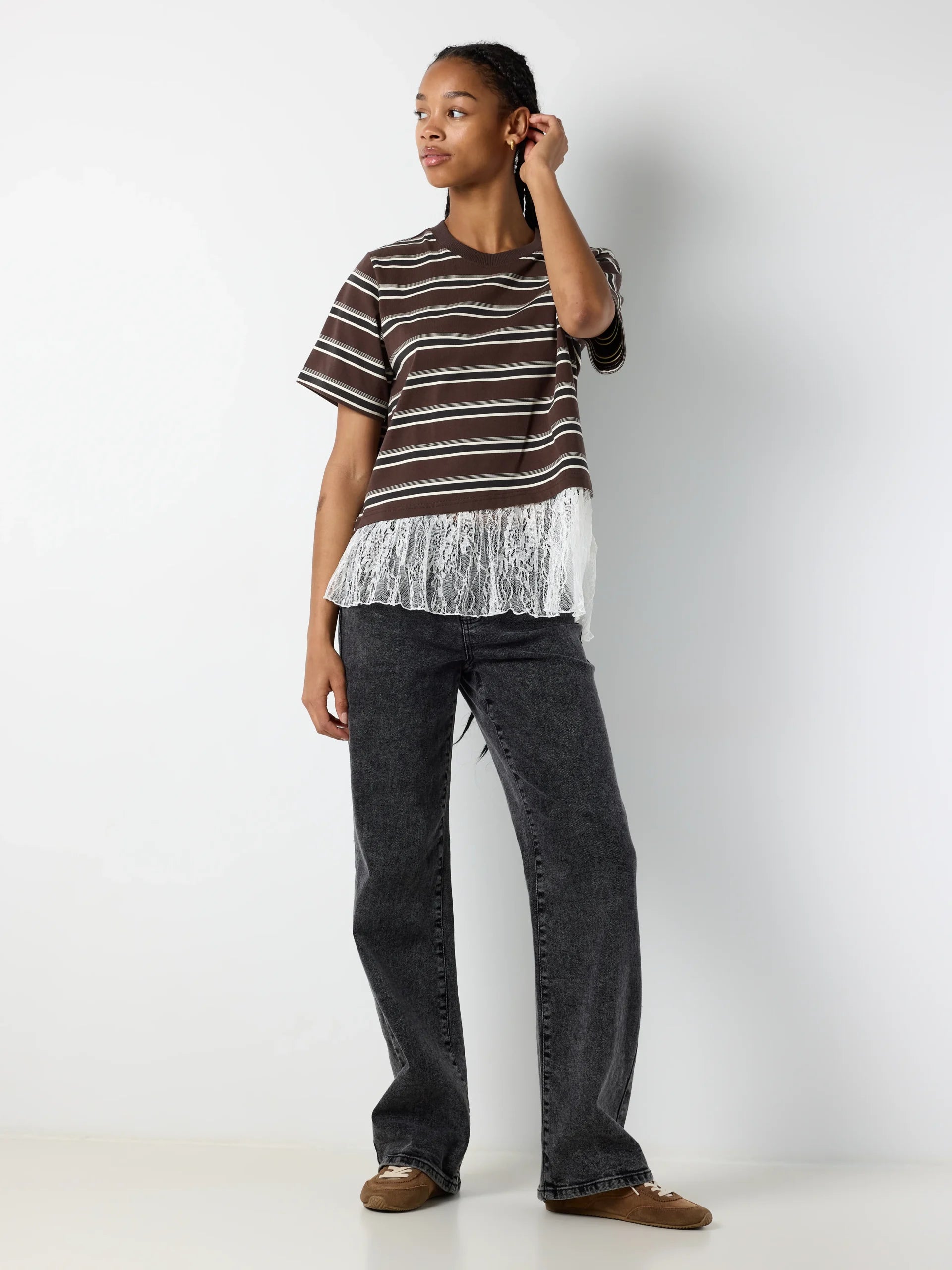 NOISY MAY EMBER SS STRIPE LACE TOP