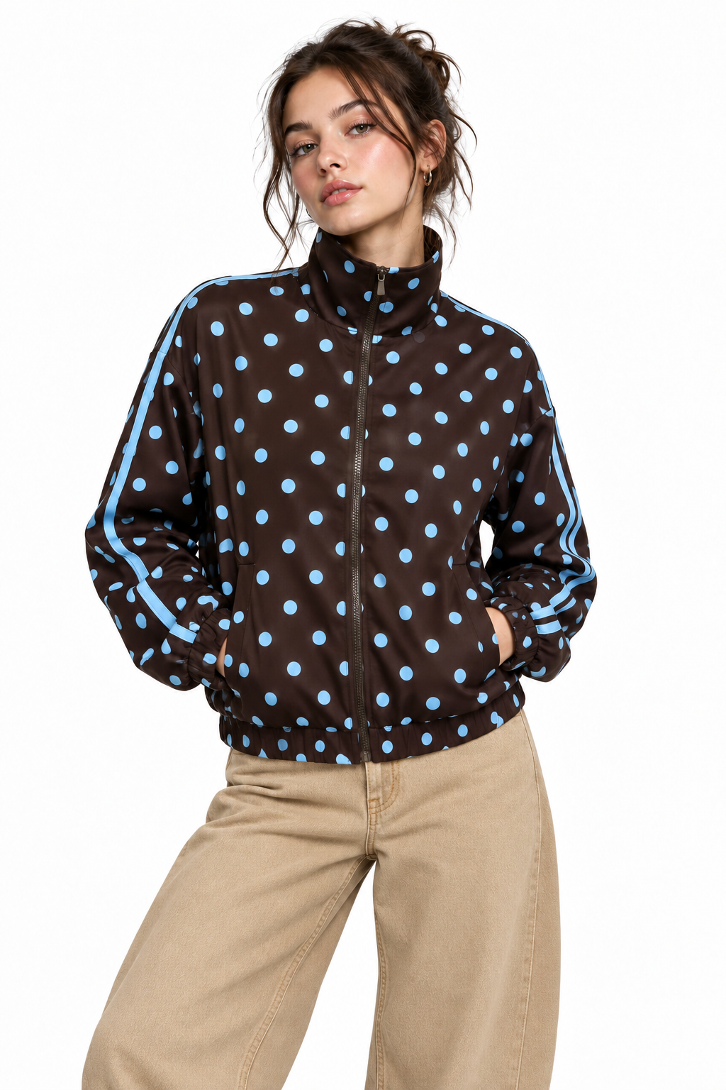 ONLY DOTIER ZIP JACKET PNT Coffee Bean CASHMER BLUE DOTS + PANELS