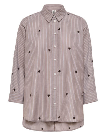 ONLY NEW LINA GRACE STR EMB SHIRT NOOS WVN Coffee Bean STRIPE W. COFFEE BEAN HEART EMB