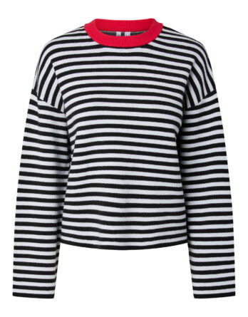 PIECES JASSY LS O-NECK KNIT NOOS BC Black CLOUD DANCER + HIGH RISK RED NECK